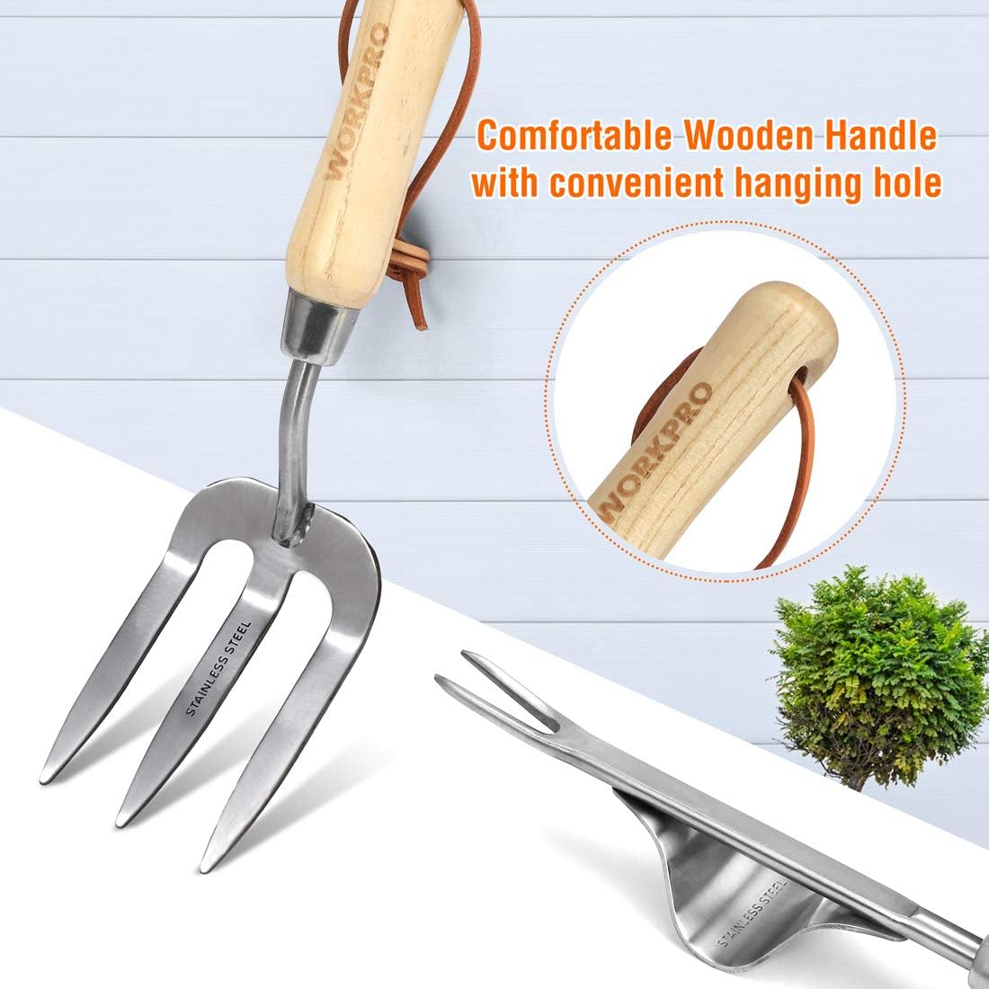 WORKPRO Garden Tools Set, 8 Piece, Stainless Steel Heavy Duty Gardening Tools with Wooden Handle, Including Garden Tote, Gloves, Trowel, Hand Weeder, Cultivator and More-Gardening Gifts For Women Men