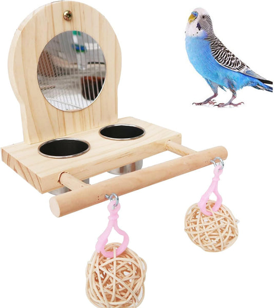 Bird Mirror for Cage, with2 Pcs Stainless Steel Bird Feeding & Watering Cup, Bird Perch and Bird Training Toys Small Rattan Balls for Budgies, Parakeets, Lovebirds and Finch Canaries Cage