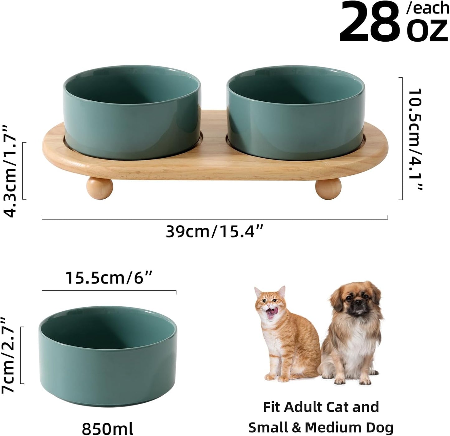 Ceramic Elevated Dog Bowls, Food and Water Bowls for Dogs, Puppy, Raised Dog Dish, Pet Feeder(6inch, 2 x Dark Green + Stand)