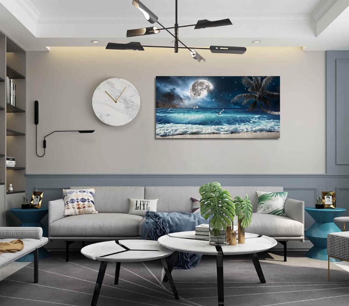 Yxbhhym large Moon Ocean Wall Art Seascape Painting Sea Pictures Canvas Wave Blue Beach Artwork for Wall Landscape Poster Prints Palm Wall Decor Bedroom Living Room Decor Framed-24x48inches