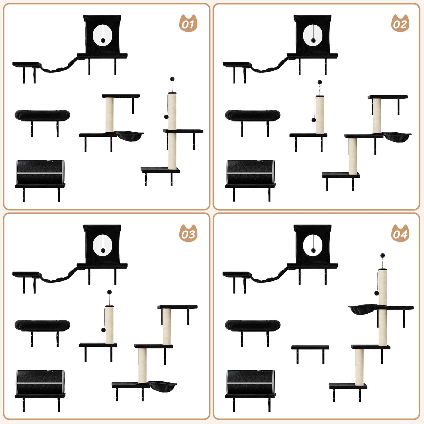 NUNU LAB 7-in-1 Wall Mounted Cat Climber Set, Cat Furniture with House, Tunnel, Bridge, Steps, Scratcher, Hammock, Shelves for Indoor, Black