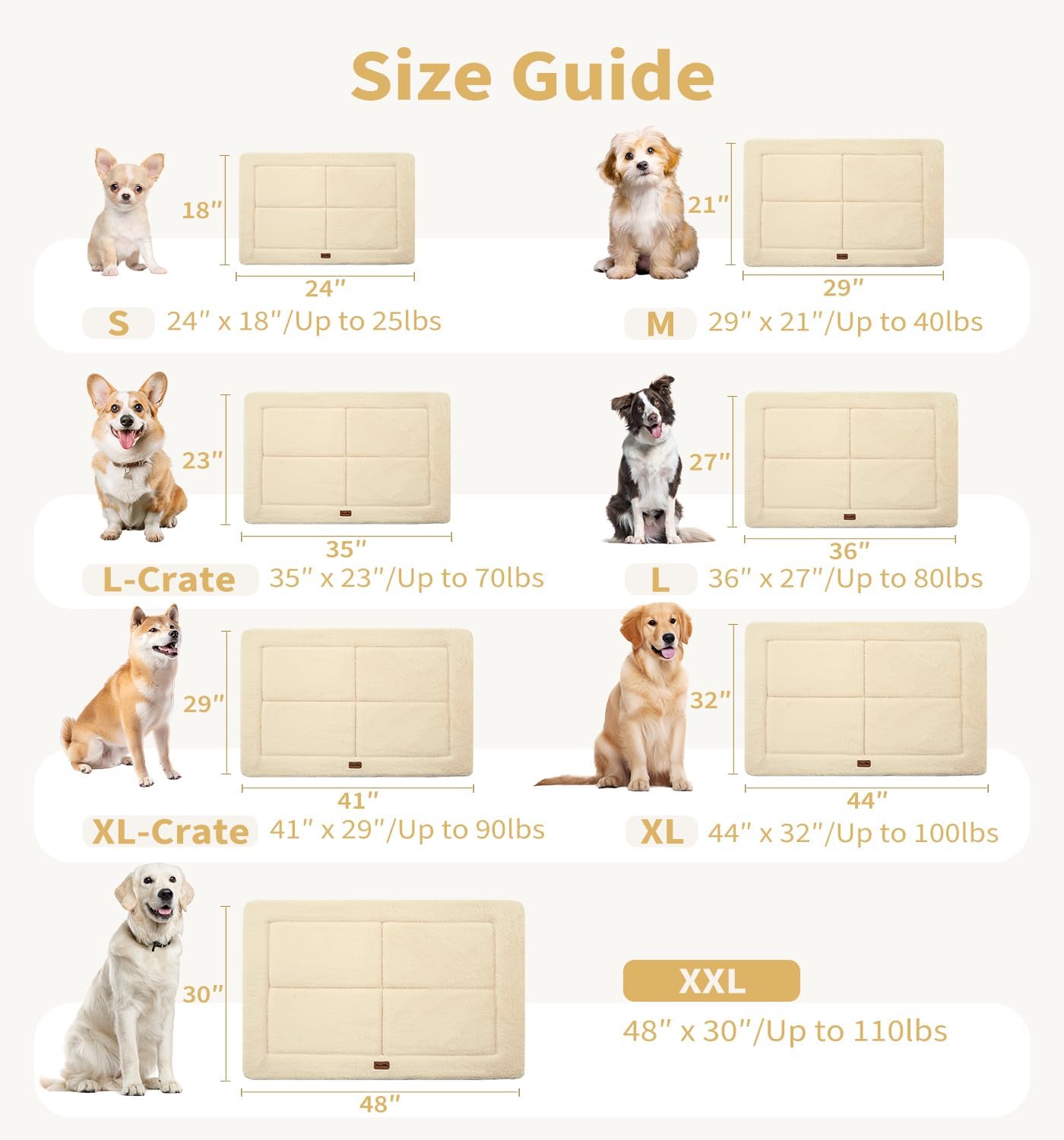 MADE 4 PETS Dog Crate Pad Bed for Medium Large Dogs, Washable & Reversible, Anti-Slip Kennel Mat for Cozy Sleeping, Soft Fluffy Dog Bed for Indoor & Outdoor Use, 35"x23", Beige