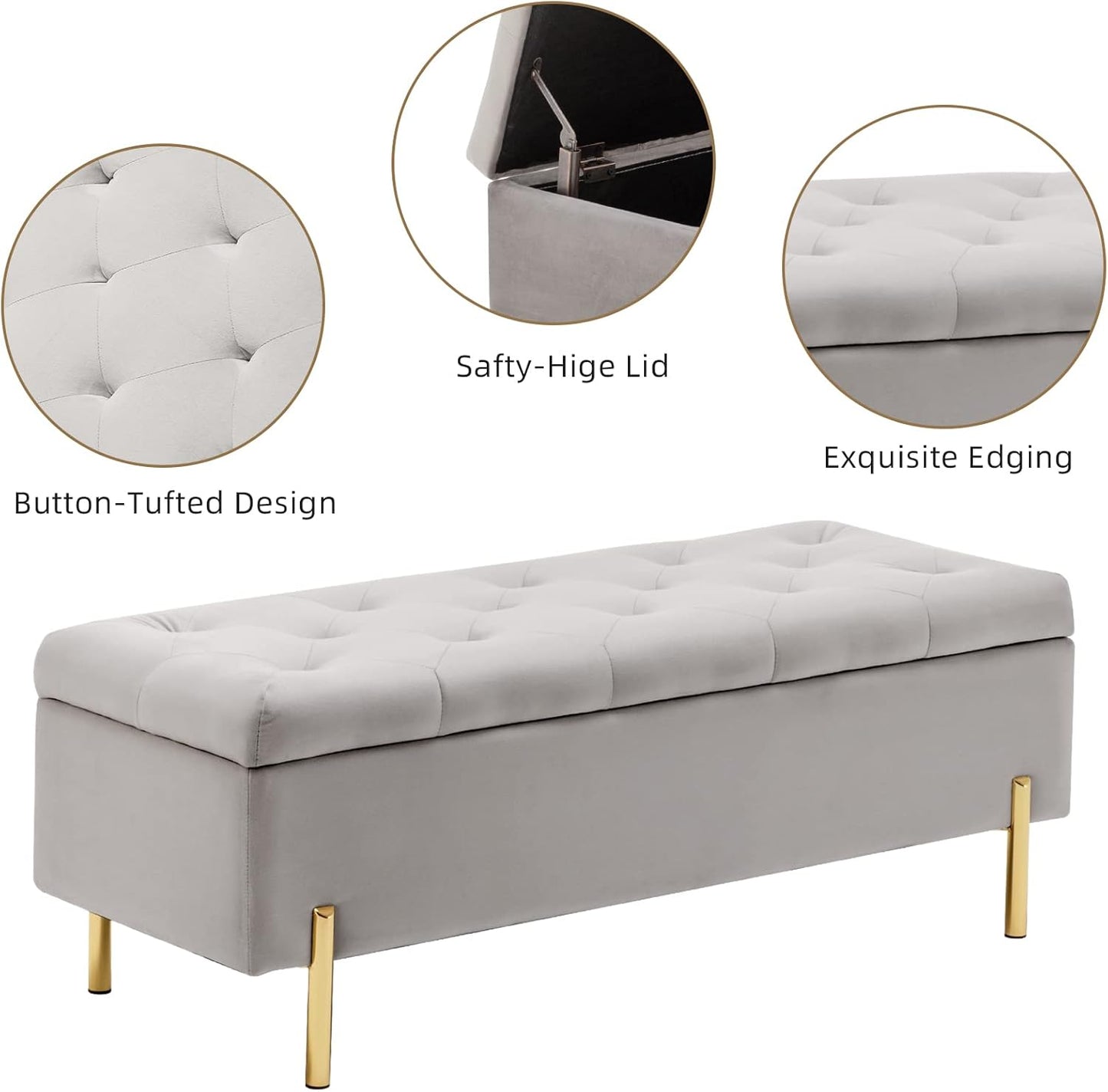 Velvet Storage Bench Ottoman with Soft Close Lid, End of Bed Bench Upholstered Fabric Storage Ottoman Bench for Bedroom Entryway Living Room, Grey