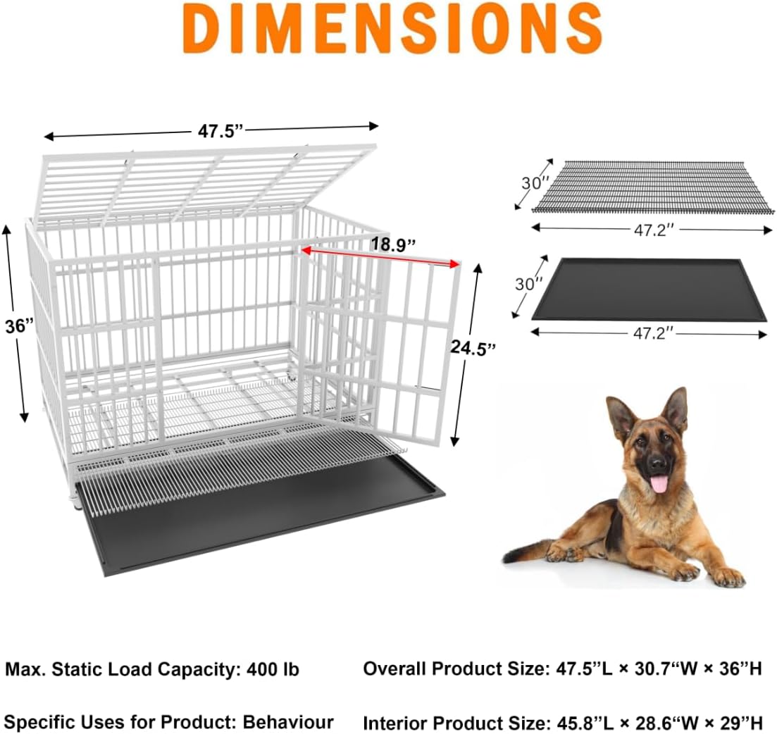 54/48/42/38 Inch Heavy Duty Dog Crate Cage with Wheels, Indestructible and Escape Proof Steel Kennel Indoor for High Anxiety Dogs with Sturdy Locks, Double Door and Tray, Extra Large XL XXL