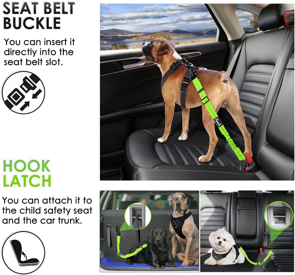 SlowTon Dog Seat Belt, Adjustable Dog Safety Belt Leash, 2 in 1 Latch Bar Attachment Dogs Car Seatbelt with Elastic Nylon Bungee Buffer, Reflective Nylon Belt Tether(VL,35.5in)