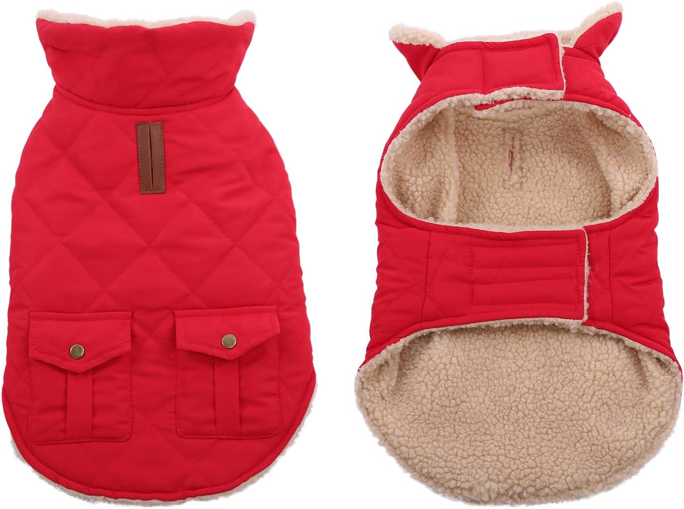 Queenmore Warm Dog Coat, Cold Weather Puffer Jacket with Ultra Thick Plush Lining and Storage Pockets (Red, Medium)