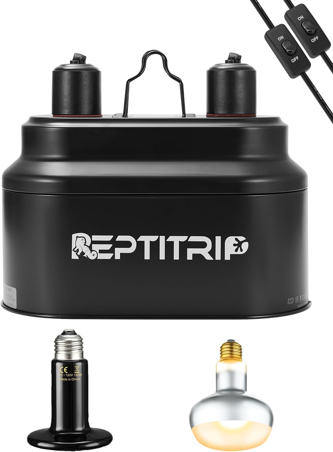 Dual Reptile Light Fixture with 100W Daytime Heat Bulb & 100W Nighttime Ceramic Heat Emitter, 2 Independent Switches, Reptile Heat Lamp Combo Pack - No UVB