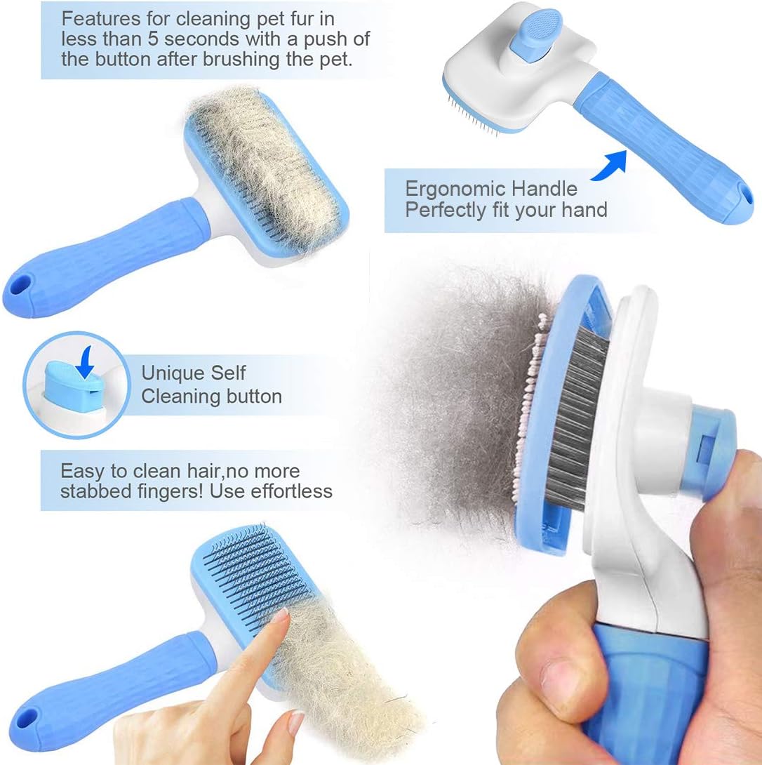 Self Cleaning Slicker Brush,Dog Brush & Cat Brush with Massage Particles,Removes Loose hair & Tangles,Skin Friendly & Promote Circulation-Blue 1