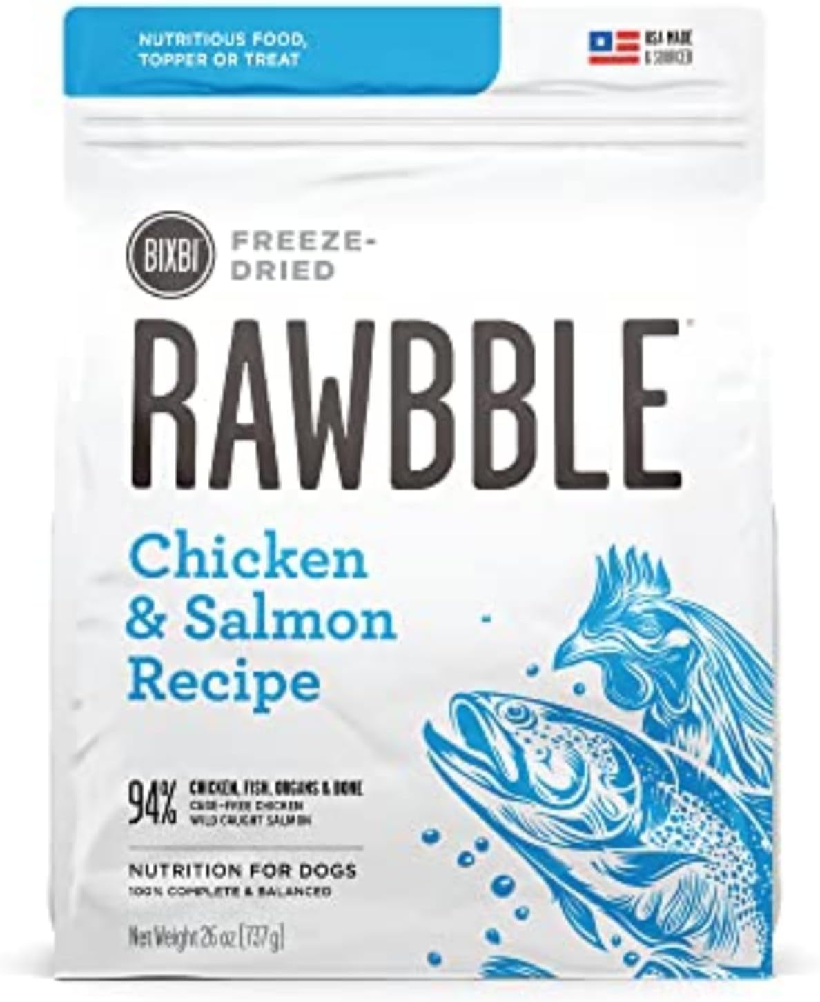 BIXBI Rawbble Freeze Dried Dog Food, Chicken & Salmon Recipe, 26 oz - 94% Meat and Organs, No Fillers - Pantry-Friendly Raw Dog Food for Meal, Treat or Food Topper - USA Made in Small Batches