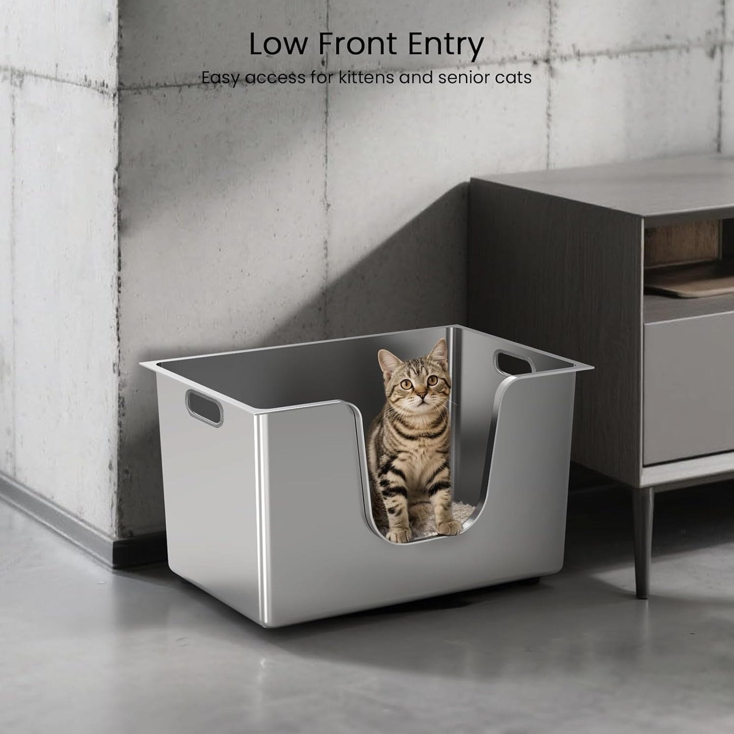 Stainless Steel Cat Litter Box 11.8” High Sides, Large Metal Litter Box with Low Entry for Big Cats, Leak-Proof Pet Toilet Kitty Litter Pan with Wheels for Mobility, Easy to Clean & Non-Stick
