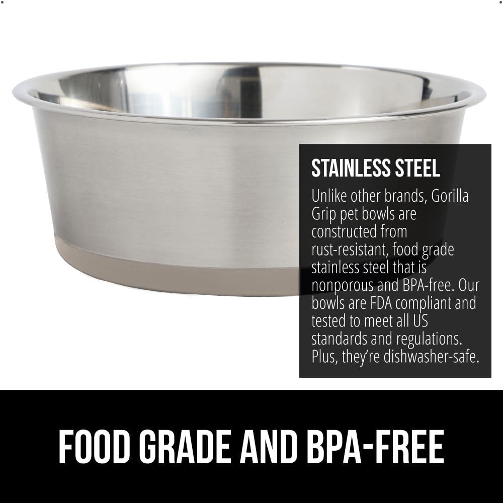 GORILLA GRIP Set of 2 Dog Bowls, Holds 4 Cups (32 fl oz), Heavy Duty Metal Food and Water Bowl for Feeding Dogs and Cats, Dishwasher Safe, Rust Resistant Stainless Steel, BPA Free Rubber Base, Beige