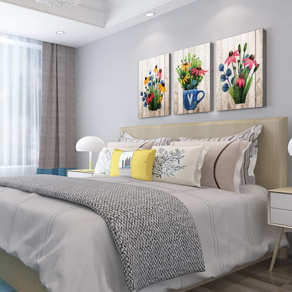 Vintage Wood grain plant flowers wall art for kitchen Wall Decoration for Living Room Wall decor for Bedroom room Decor 20" X 28" 3 Piece Framed Office Canvas print Artwork modern Home Decor painting