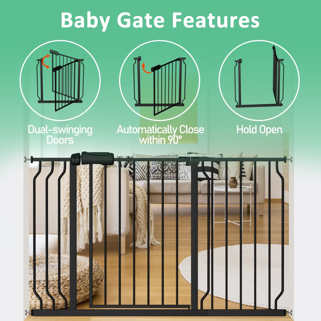ALLAIBB Extra Wide Pressure Mounted Baby Gate Walk Through Child Kids Safety Toddler Tension White Long Large Pet Dog Gates with Extension for doorways Kitchen (43.31-48.03"/110-122cm, Black)