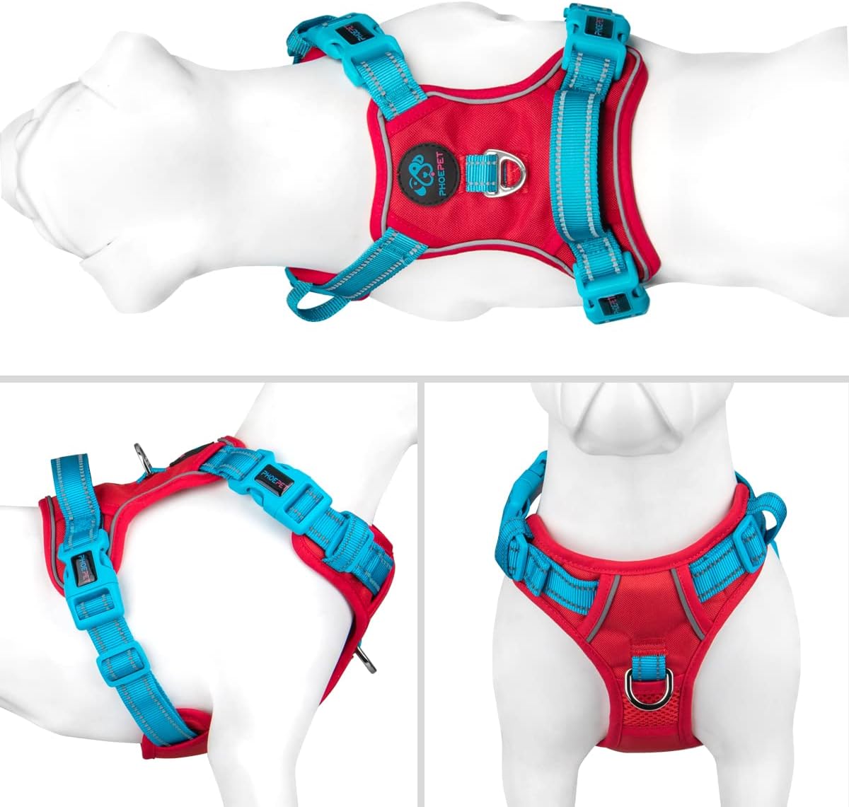 PHOEPET No Pull Dog Harness, Unique Colors Reflective Adjustable Dog Vest, with Soft Training Handle Metal Clips for Small Medium Large Dogs (Red Base & Teal Straps,S)