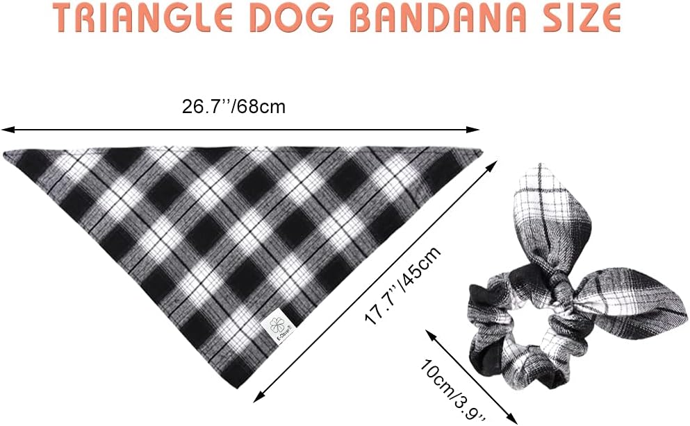 E-Clover Dog Bandanas & Matching Scrunchie Set Boy Plaid Dog Scarf Triangle Bandana Bibs for Medium Large Dog Owner Birthday Gifts Black White