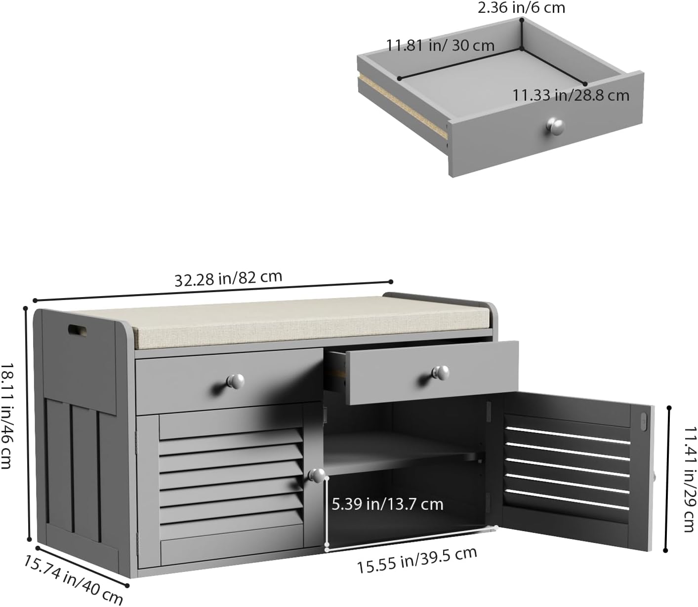 Shoe Storage Bench with 2 Drawers & 2 Doors, Entryway Bench with Cushion, 2 Adjustable Shelves, Shoe Cabinet for Entryway, Living Room, Hallway, Mudroom, Bedroom, Grey