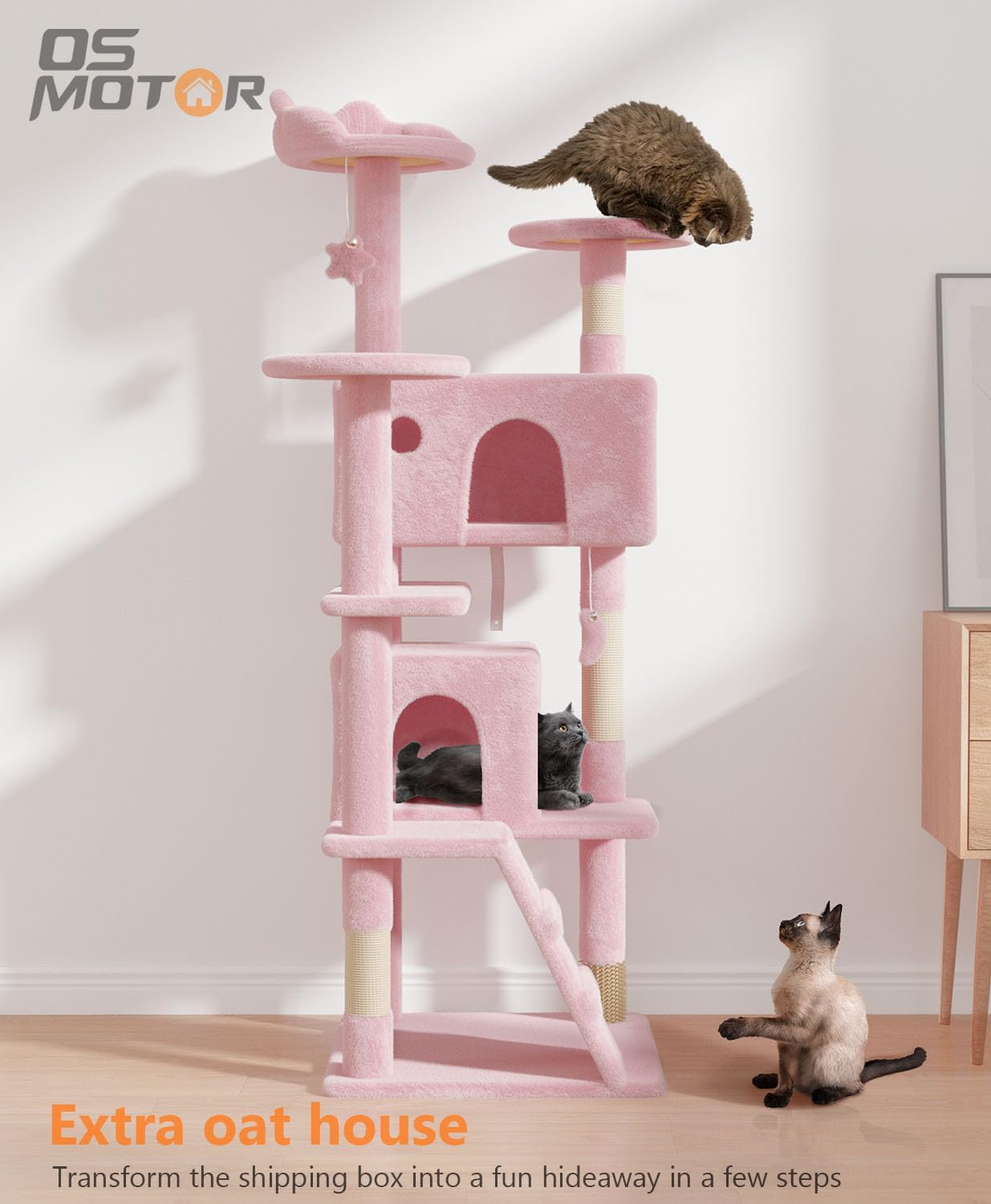 60'' Cat Tree Tower for Indoor Cats Large Adult,Cute/Tall Modern Cat Tree for Big Cats 20 lbs, Plush Multi-Level Cat Condo with Scratching Posts,Dangling for Fun Play (Soft Pink, 60 inch)
