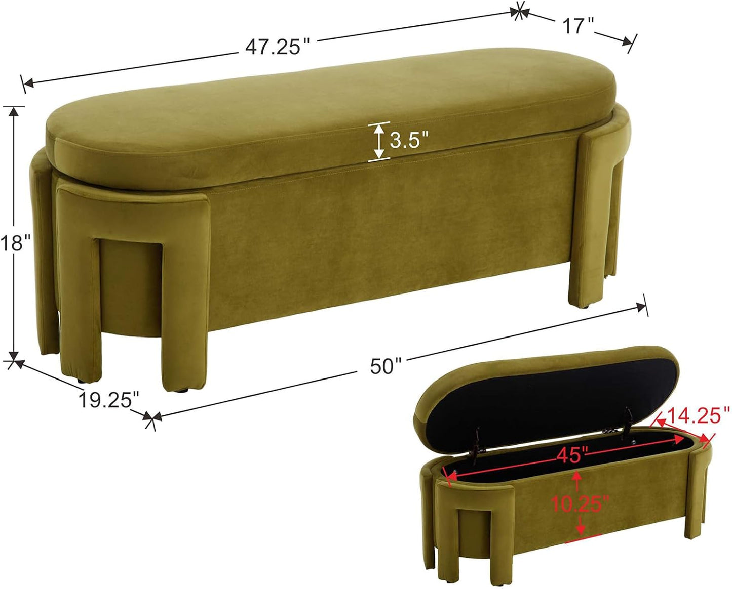 Kmax 50" Storage Ottoman Bench Modern Velvet Entryway Bench Comfy Upholstered End of Bed Bench for Hallway Entrance Bedroom Corner, Olive Green