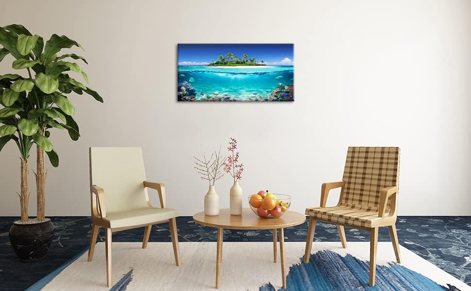 Tropical Island Coral Reef Landscape Canvas Wall Art for Living Room,Unique View Split Waterline Scenery,Beautiful Nature Summer Travel Scenic Picture Print Artwork Painting Decor,Inner Frame 20x40