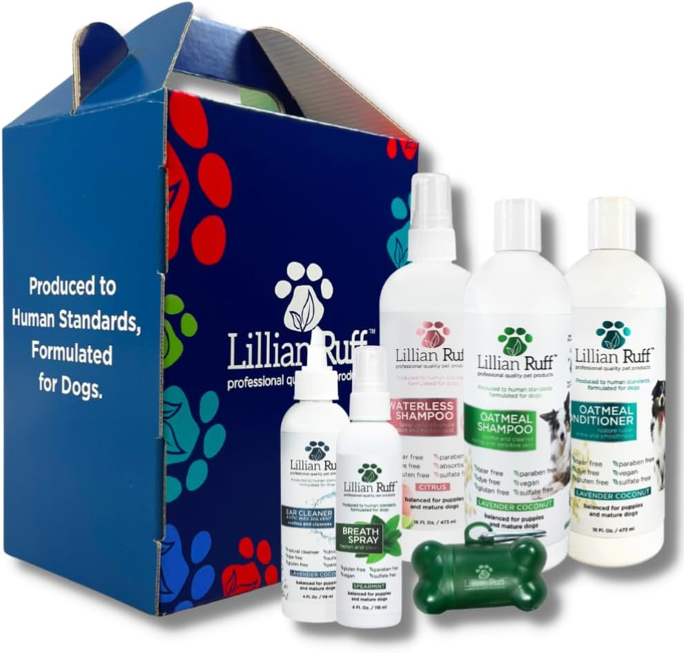 Lillian Ruff Starter Pack Gift Set for Dogs | Oatmeal Shampoo, Oatmeal Conditioner, Waterless Shampoo Citrus, Ear Cleaner & Otic Wax Solvent, Breath Spray, Leash Clip Waste Bag Dispenser with 15 Bags