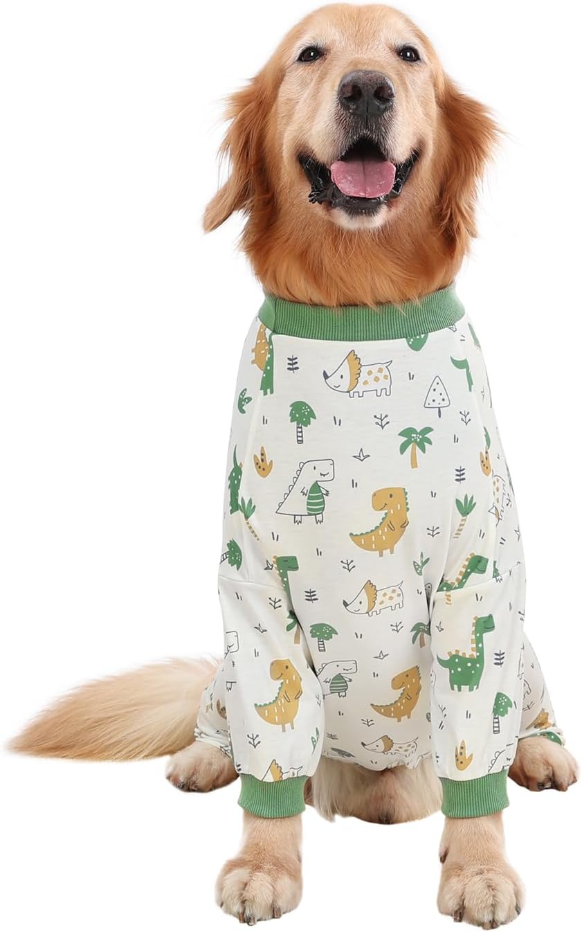 HDE Dog Pajamas One Piece Jammies Jumpsuit Pet Clothes Outfit Stretchy Lightweight Comfy Shirt Pjs for M-3XL Dogs Forest Dinos - 2XL