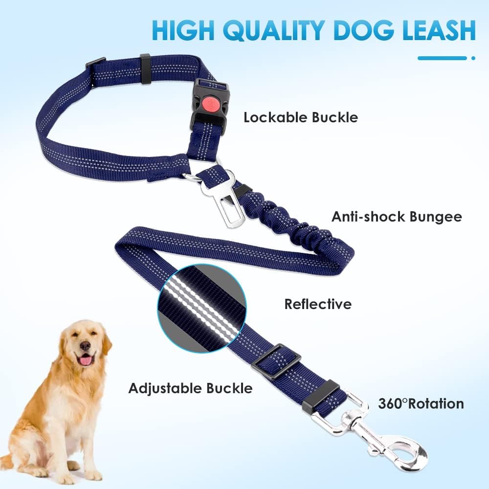 SlowTon Dog Seat Belt for Car, 2 Pack Dog Car Harness Seatbelt Adjustable with Elastic Bungee Buffer, 2 in 1 Pet Car Leash Headrest Restraint Dog Reflective Safety Tether (Blue, Headrest+Clip)
