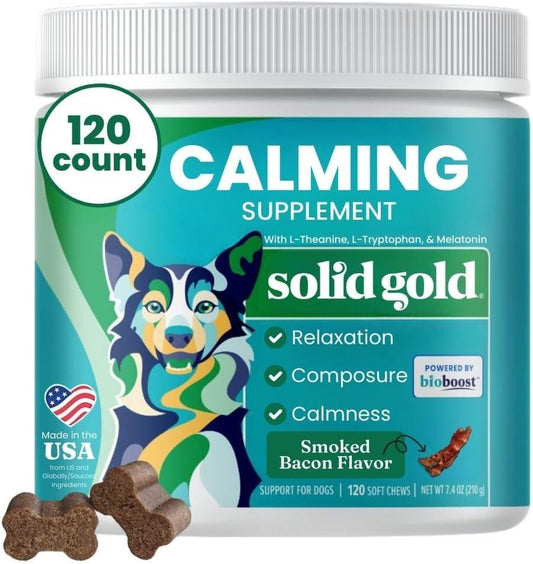 Solid Gold Calming Chews for Dogs - Dog Calming Chews w/Melatonin for Separation, Stress & Hyperactivity Relief - Supports Relaxation for Travel, Fireworks & Storms - All Ages & Sizes - Bacon 120ct