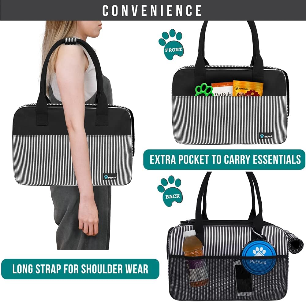 PetAmi Dog Purse Carrier for Small Dogs, Airline Approved Soft Sided Pet Carrier with Pockets, Ventilated Dog Carrying Bag for Puppy Cat, Dog Travel Supplies Bag, Sherpa Bed, Max 12 lbs, Stripe Black