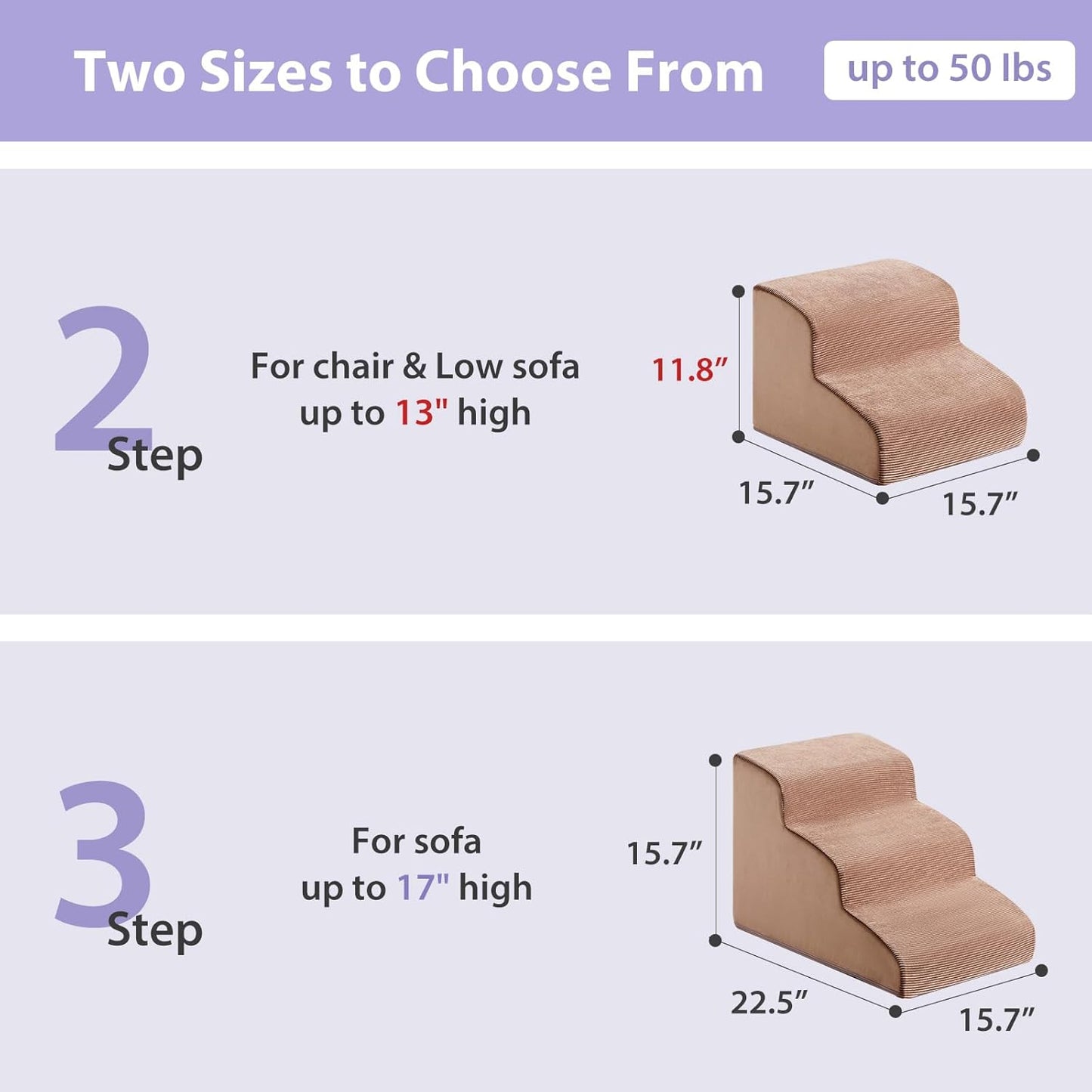 Dog Stairs for Small Dogs, 2-Steps Dog Ramp for Couch, Pet Stairs with Highly Supportive Foam and Non-Slip Bottom, Pet Steps for Cat & Doggie (High 11.8 Inch)