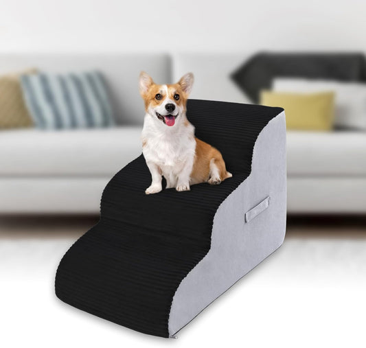 High Density Foam Dog Stairs Steps, Non-Slip Extra Wide Deep Pet Steps for Beds Or Couches, for Injured or Older Pets Dogs and Cats with Joint Pain (3-Tiers (Black))