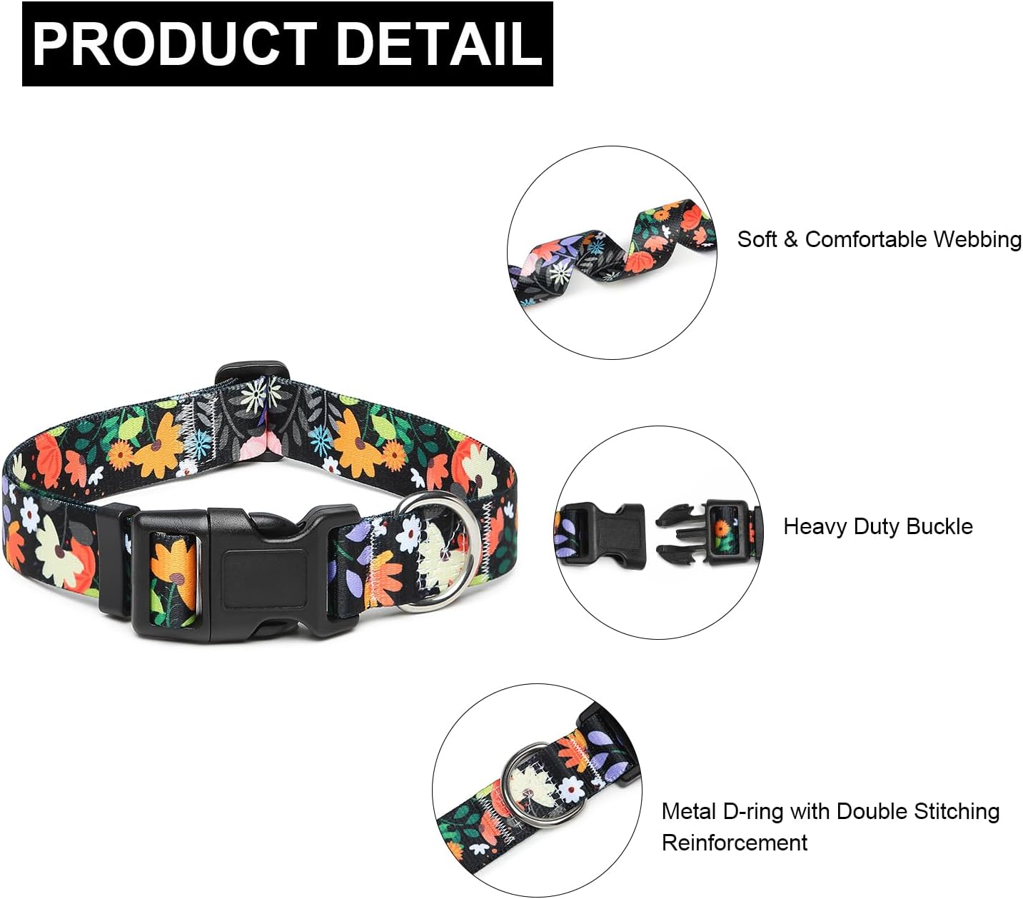 Mercano Adjustable Dog Collar - Special Design Patterns, Soft Nylon Comfortable Durable Pet Collar for Small Medium Large Dogs (S, Floral Orange)