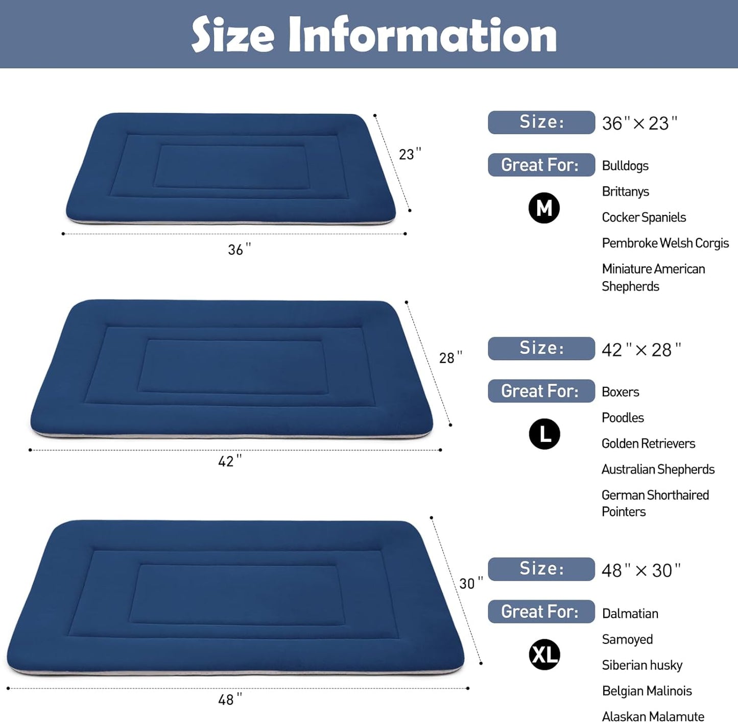 JoicyCo Dog Crate Bed Pad Mat, 36 in Non Slip Bottom Washable for Medium & Large Dogs, Kennel Pad, Dark Blue