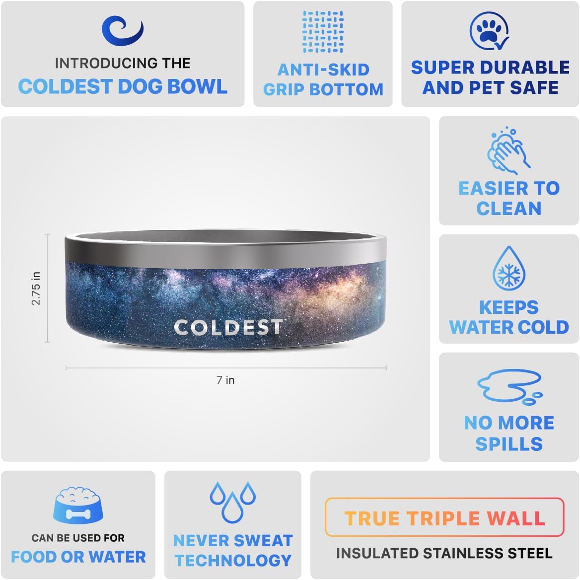 Coldest Dog Bowl - Anti Rust Metal, Non Slip, 3 Layers Insulated Stainless Steel Dog Bowls - Spill Proof & Heavy Duty - Water Bowl for Dogs, Cats & Pets, Dish Washer Safe (42 oz, Into The Beyond)