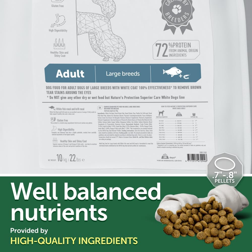 Nature's Protection Superior Care White Dogs Grain-Free Dry Dog Food - High Protein, Tear Stain Dog Food for Large Breeds Light Coated Adult Dogs, Fresh Pet Meal, White Fish, 22 lb