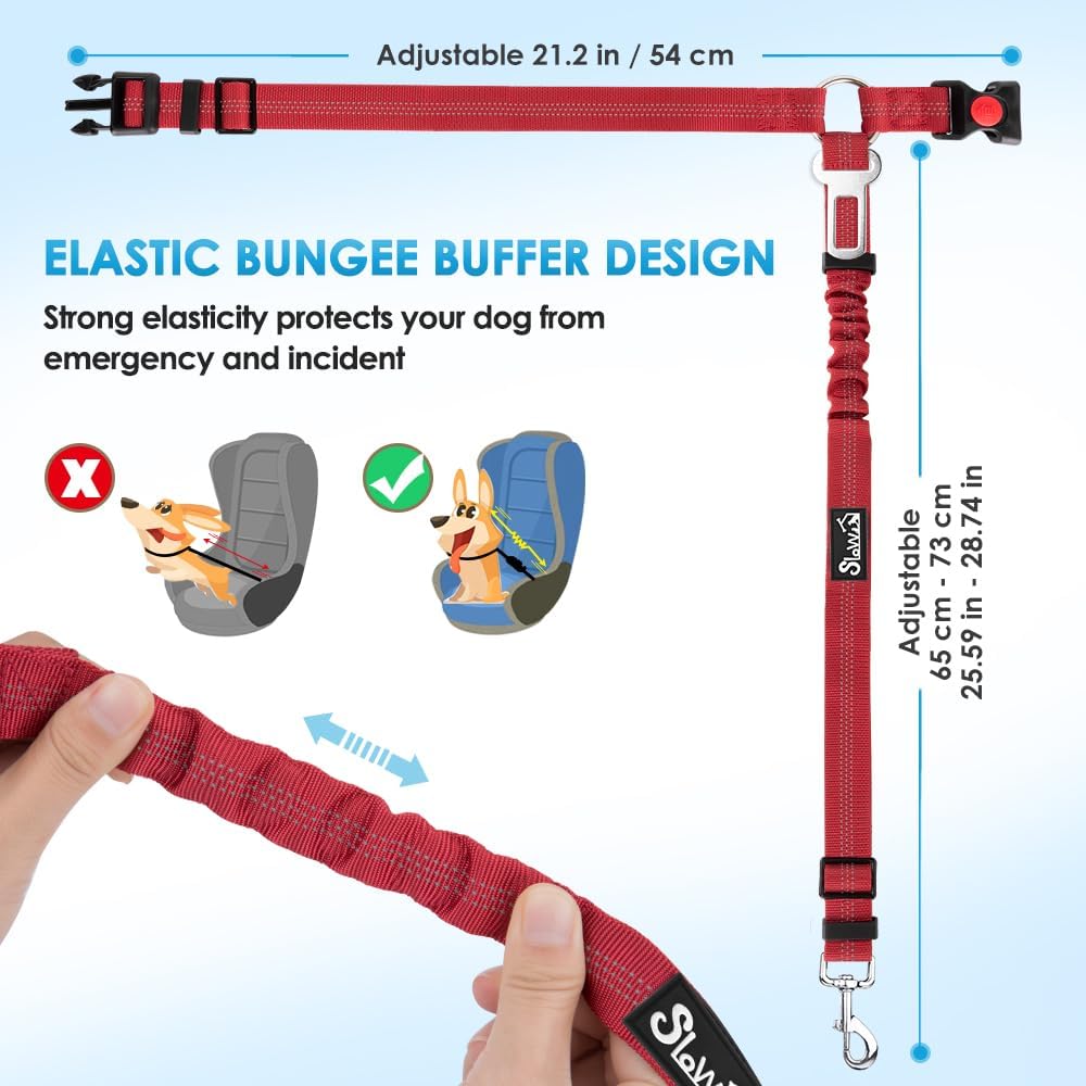SlowTon Dog Seat Belt for Car, 2 Pack Dog Car Harness Seatbelt Adjustable with Elastic Bungee Buffer, 2 in 1 Pet Car Leash Headrest Restraint Dog Reflective Safety Tether (Red, Headrest+Clip)
