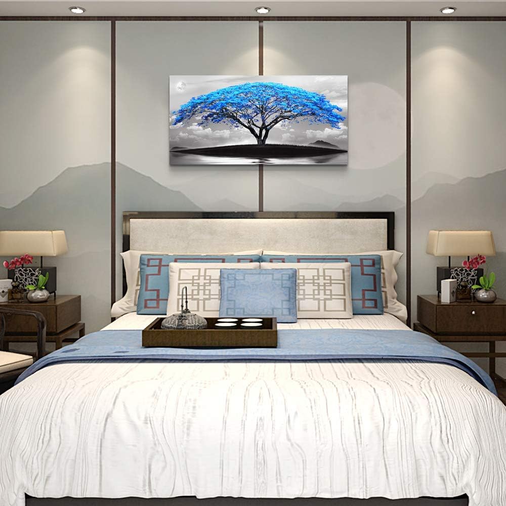 canvas wall art for living room bathroom Wall Decor Black and white landscape Blue tree moon painting to Hang Home Decorations for office bedroom kitchen Works canvas Prints pictures 20" x 40"inch