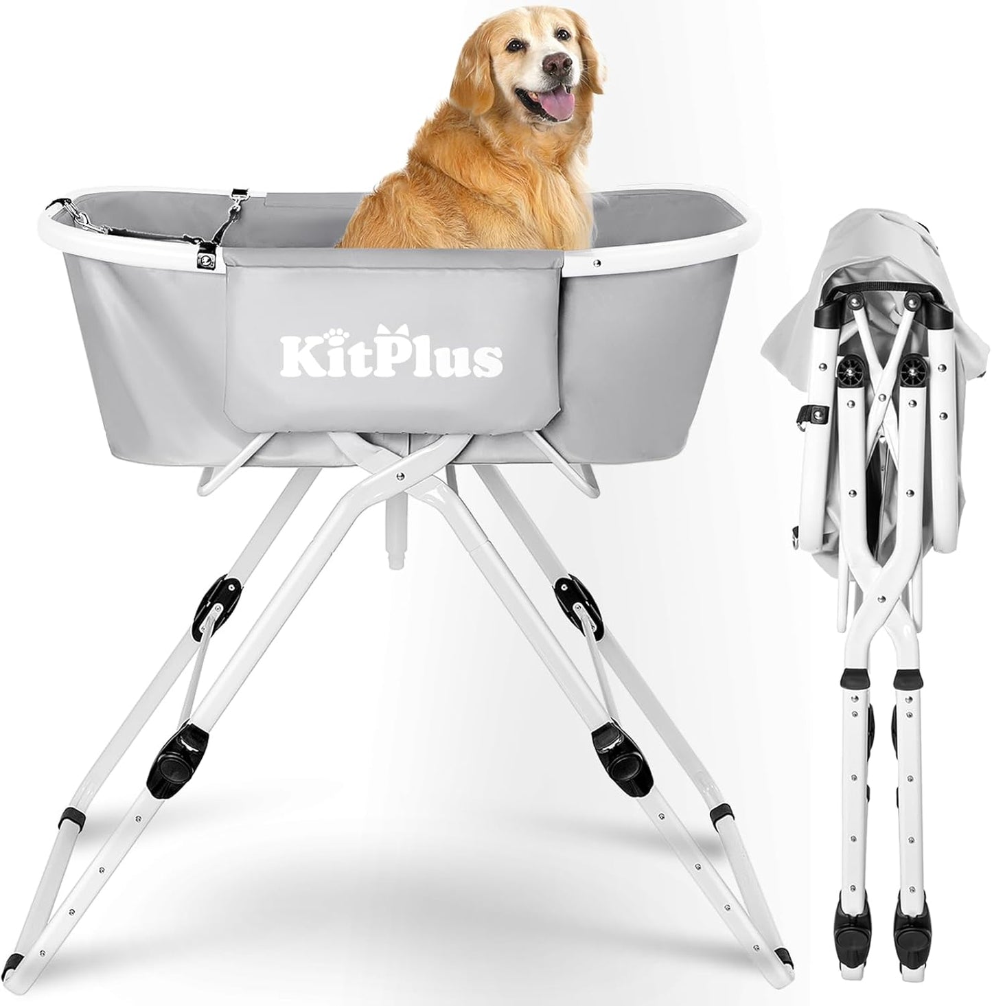 Elevated Dog Bathtub, 5 Height Adjustable Portable Dog Wash Station for Small to Large Pets, Foldable Bathing Tub with Storage & Anti-Slip Design Gray