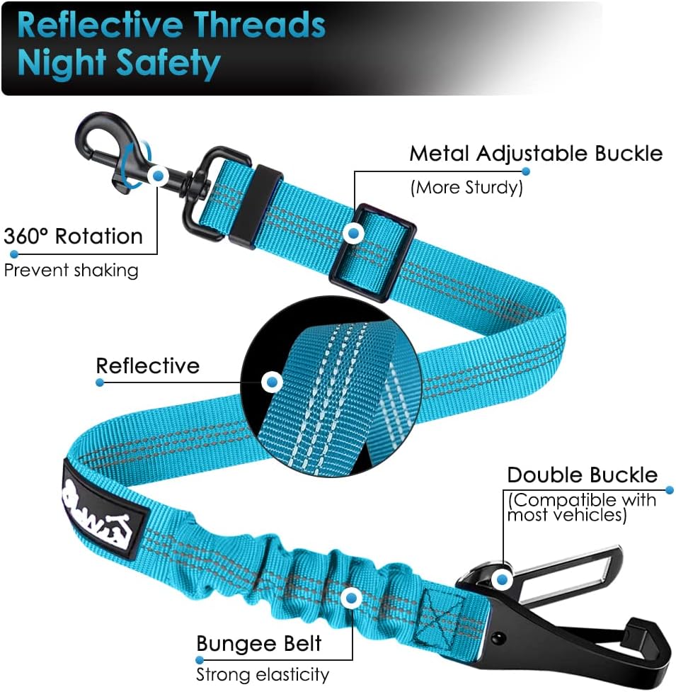 SlowTon Dog Seat Belt, Adjustable Dog Safety Belt Leash, 2 in 1 Latch Bar Attachment Dogs Car Seatbelt with Elastic Nylon Bungee Buffer, Reflective Nylon Belt Tether (TB,35.5in)