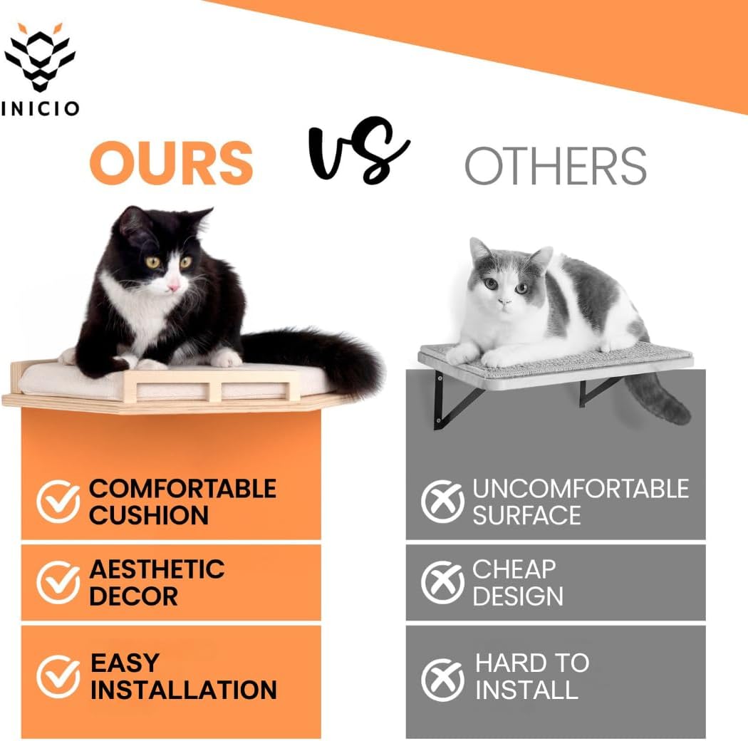 INICIO Cat Wall Shelves - Modern and Durable 3 Step Cat Furniture for Wall - Stylish Birch Floating Shelf for Cats up to 15lbs - Wooden Corner Shelves with Cushioned Perch - Natural Wood