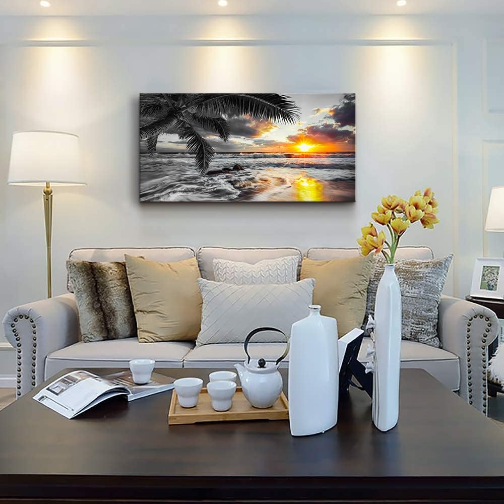 Yxbhhym-Beach Wall Art Black and White Ocean Pictures for Walls Sunrise Seascape Scenery Canvas Print Sunset Painting Palm Poster Sea Wave Artwork for Living Room Wall Art Bedroom Office Wall Décor
