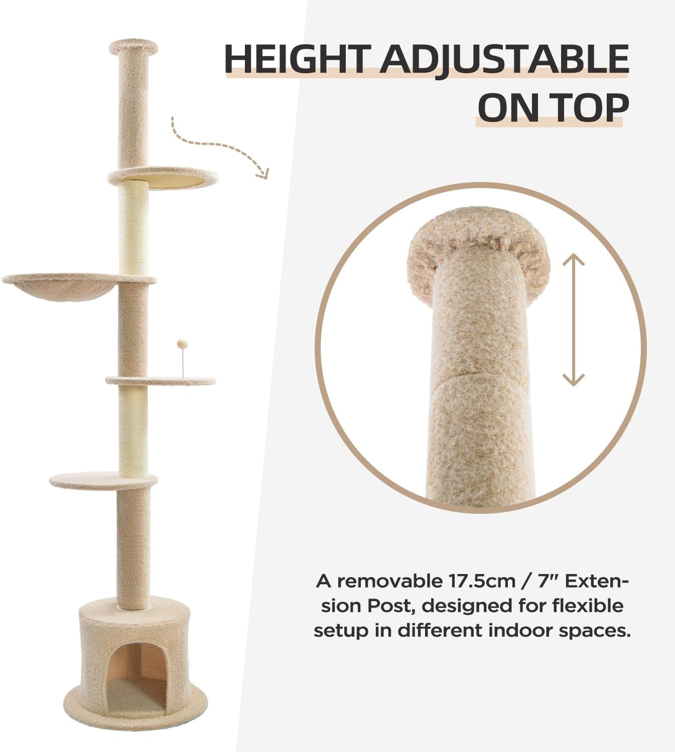 Made4Pets Floor to Ceiling Cat Tree 93-106'',Tall Cat Tower 5 Tiers, Adjustable Height, Stable Cat Tree Tower with Scratching Posts, Fluffy Condo, Hammock and Ball Toy for Indoor Cats/Kitten, Beige