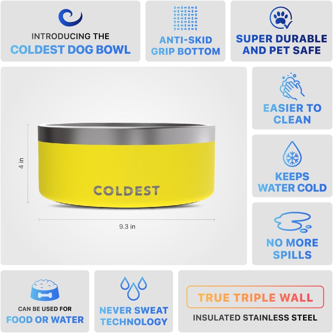 Coldest Dog Bowl - Anti Rust Metal, Non Slip, 3 Layers Insulated Stainless Steel Dog Bowls - Spill Proof & Heavy Duty - Water Bowl for Dogs, Cats & Pets, Dish Washer Safe (100 oz, Solar Yellow)