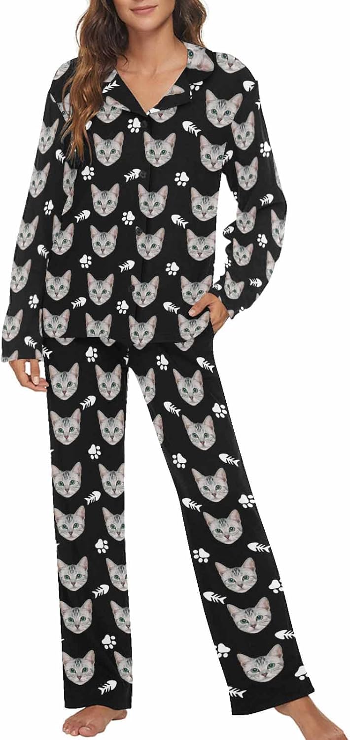 MyPupSocks Custom Face Pajamas for Women Set, Personalized Photo Long Sleepwear XS-XXL
