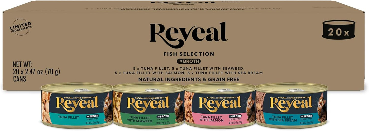 Reveal Natural Wet Canned Cat Food, Limited Ingredient, Grain Free, Protein with No Artificial Additives, Fish Variety in Broth (20 x 2.47 oz Cans)