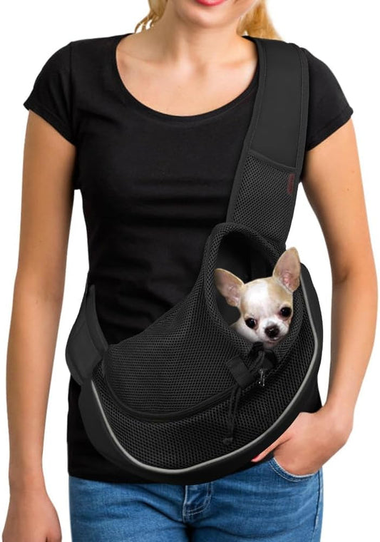 YUDODO Pet Sling Carrier for Small Dogs & Cats – Hands-Free Puppy Carrier with Safety Hook, Large Zipper Pocket, Soft Breathable Mesh, Adjustable Strap & Reflective Strip (Black 2.0 M)