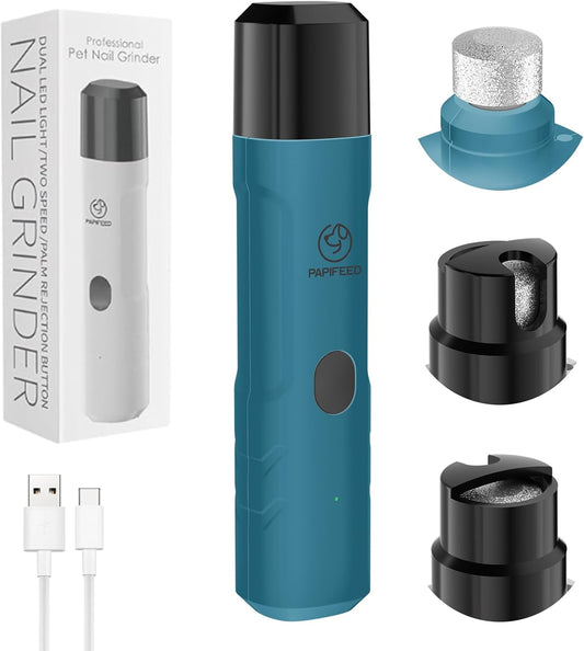 PAPIPAFFEED Dog Nail Grinder Upgraded with 2 LED Lights, 3-Speed Rechargeable & Quiet - Upgraded Electric Pet Nail Trimmer for Small Medium Large Dogs & Cats, Painless Paws Grooming Tool - Blue