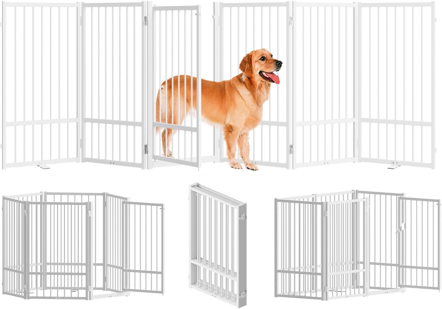 Full Metal Freestanding Dog Gate with Door, 32''Height Foldable Pet Dog Fence for Indoor & Outdoor, 6 Panels Extra Wide Free Standing TallDog Gates for Doorways,House,Stairs,Porch,Deck,Yard