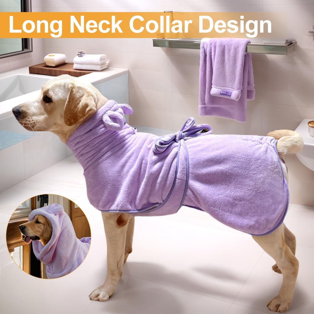Medium to Large Size Dog Bathrobe, Quick Drying Super Absorbent Used for After Bathing, Warm Dog Towels, Adjustable Hoodies and Belts for Pet Dogs Bath Clothes Products (Purple, 3XL)