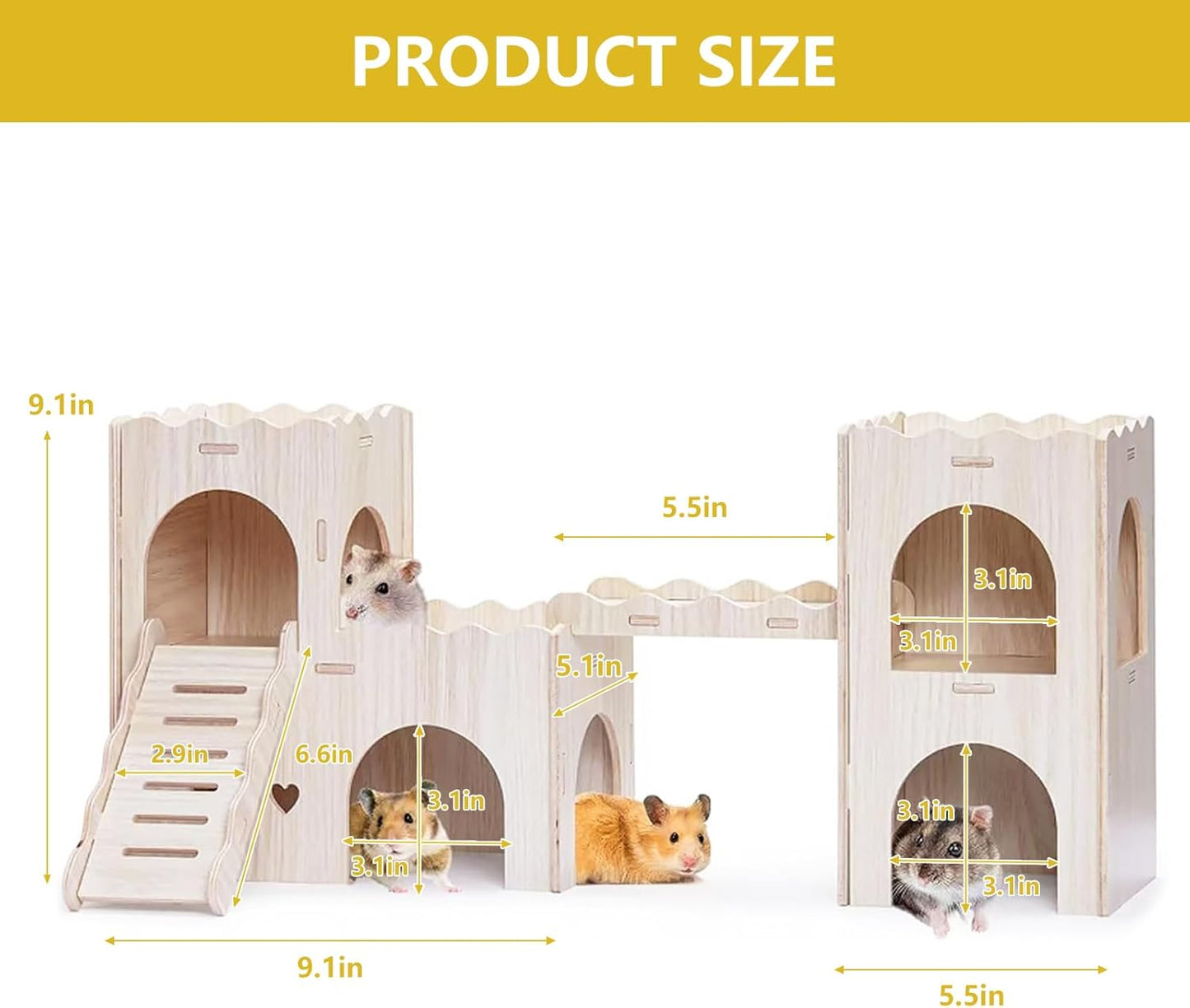 Large Wooden Hamster House Castle with Double Decker,Large Hamster, Wooden Hamster Houses,Dwarf Hamster Habitat Hideout with Climbing Ladder,Large Guinea Pig Castle Detachable Hideouts(B)