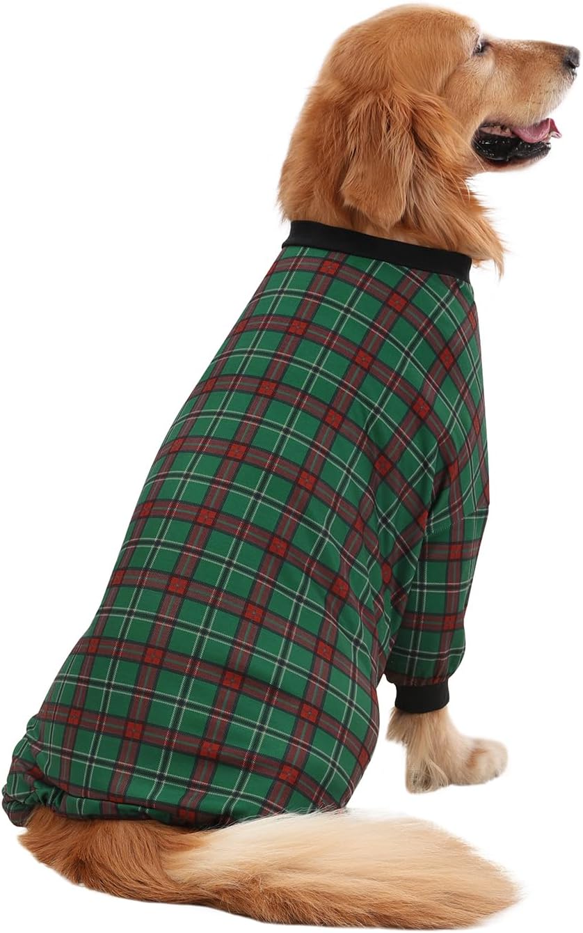 HDE Dog Pajamas One Piece Jammies Jumpsuit Pet Clothes Outfit Stretchy Lightweight Comfy Shirt Pjs for M-3XL Dogs Holiday Plaid - 2XL